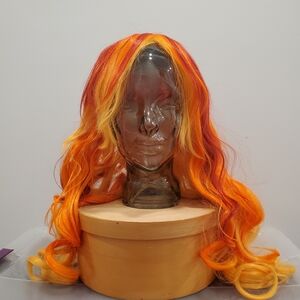 Vibrant Red, Orange, and Yellow Wavy Long-Haired Wig